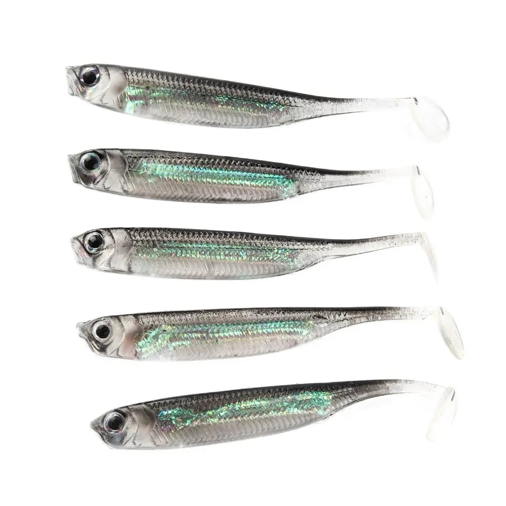 Soft T-Tail Fishing Lures – 5 pcs, 7–7.5cm, Rainbow Color