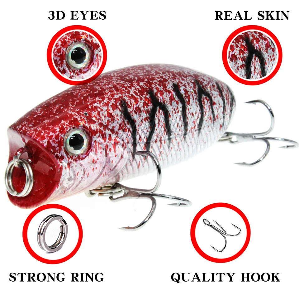 Topwater Popper Fishing Lure – 5.5cm 10g with 3D Eyes and Treble Hooks