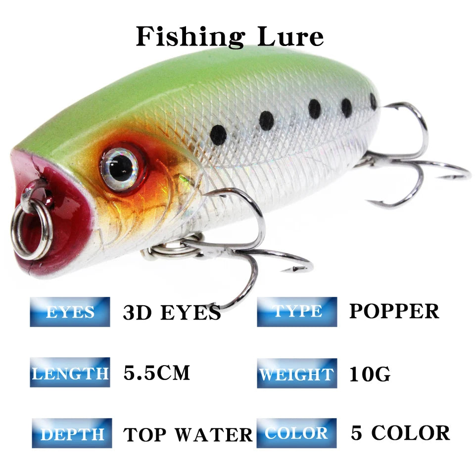 Topwater Popper Fishing Lure – 5.5cm 10g with 3D Eyes and Treble Hooks