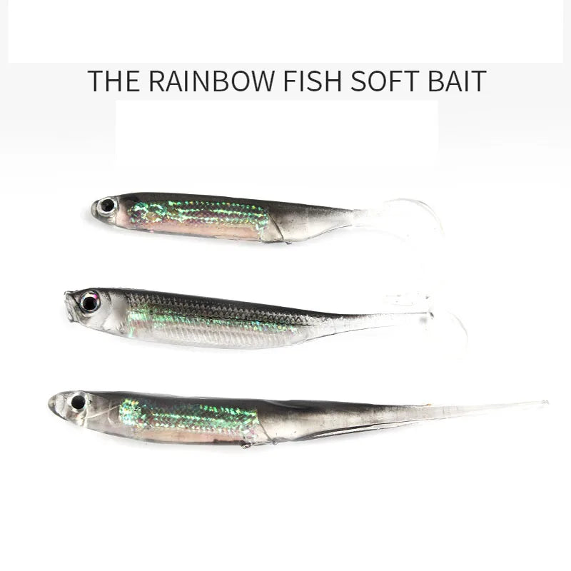 Soft T-Tail Fishing Lures – 5 pcs, 7–7.5cm, Rainbow Color