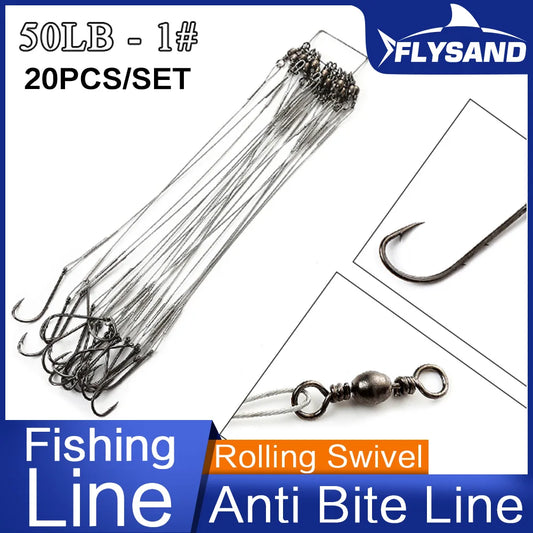 FLYSAND Anti-Bite Steel Fishing Line with #1 Hook & Swivel – 50LB, 20PCS/Bag, 3 Colors