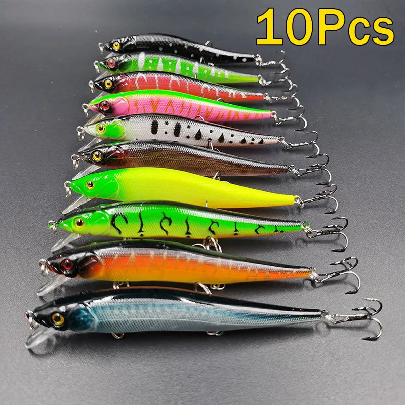 FFLYBG 12cm / 14g Hard Minnow Fishing Lure – 3D Eyes Treble Hooks for Bass & Pike (5/10 pcs)