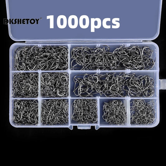 Multi-Size Barbed Fish Hook Kit – 100–1000 pcs with Plastic Storage Box for Freshwater & Saltwater