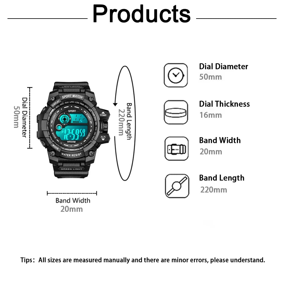 Men’s LED Digital Watch – Luminous Sport Military Style Wristwatch (Water-Resistant)