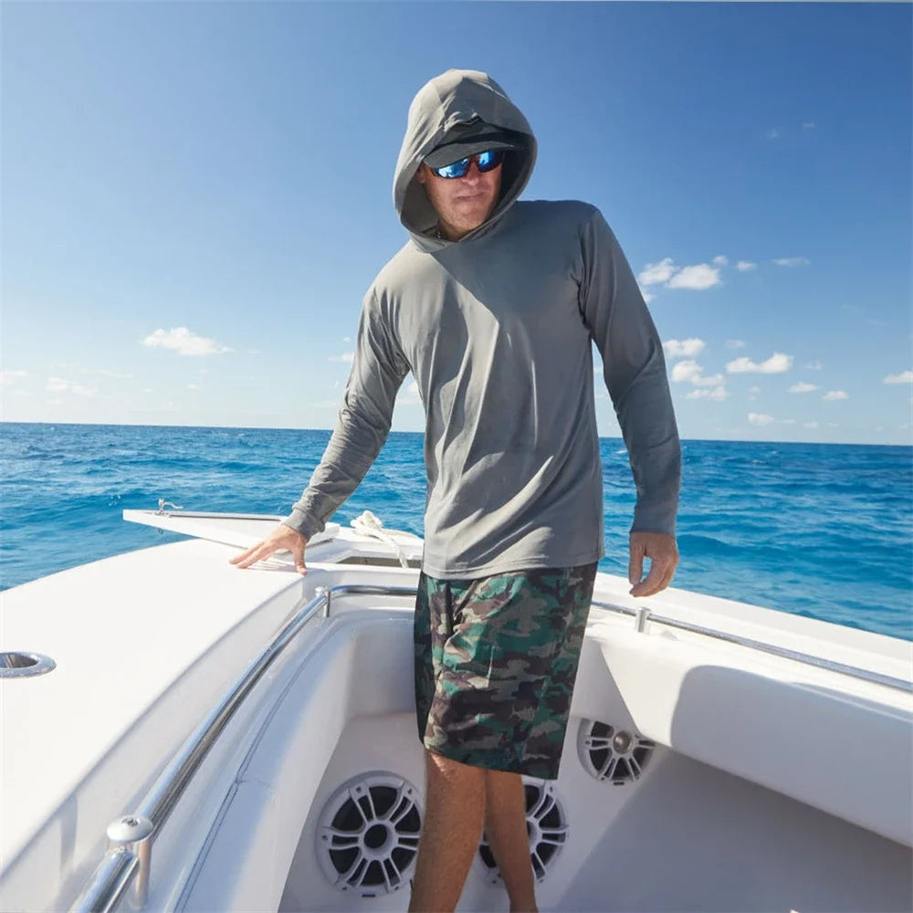 Fishing Apparel Summer Outdoor Men Long Sleeve T Shirt Fish Shirt Sun Protection Breathable Hooded Angling Clothing