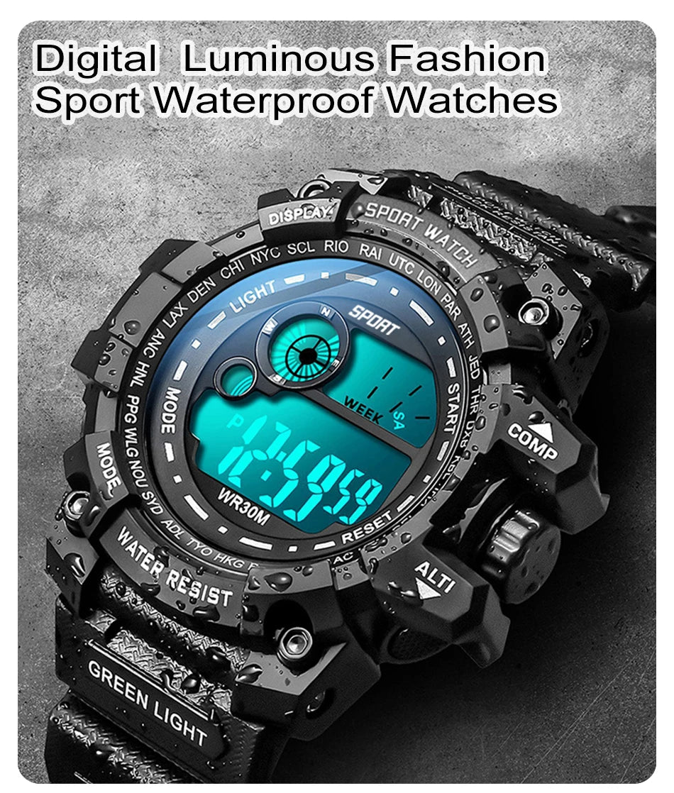 Men’s LED Digital Watch – Luminous Sport Military Style Wristwatch (Water-Resistant)