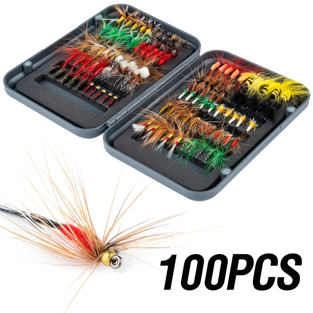 100-Piece Fly Fishing Flies Kit – Dry & Wet Flies with Storage Box
